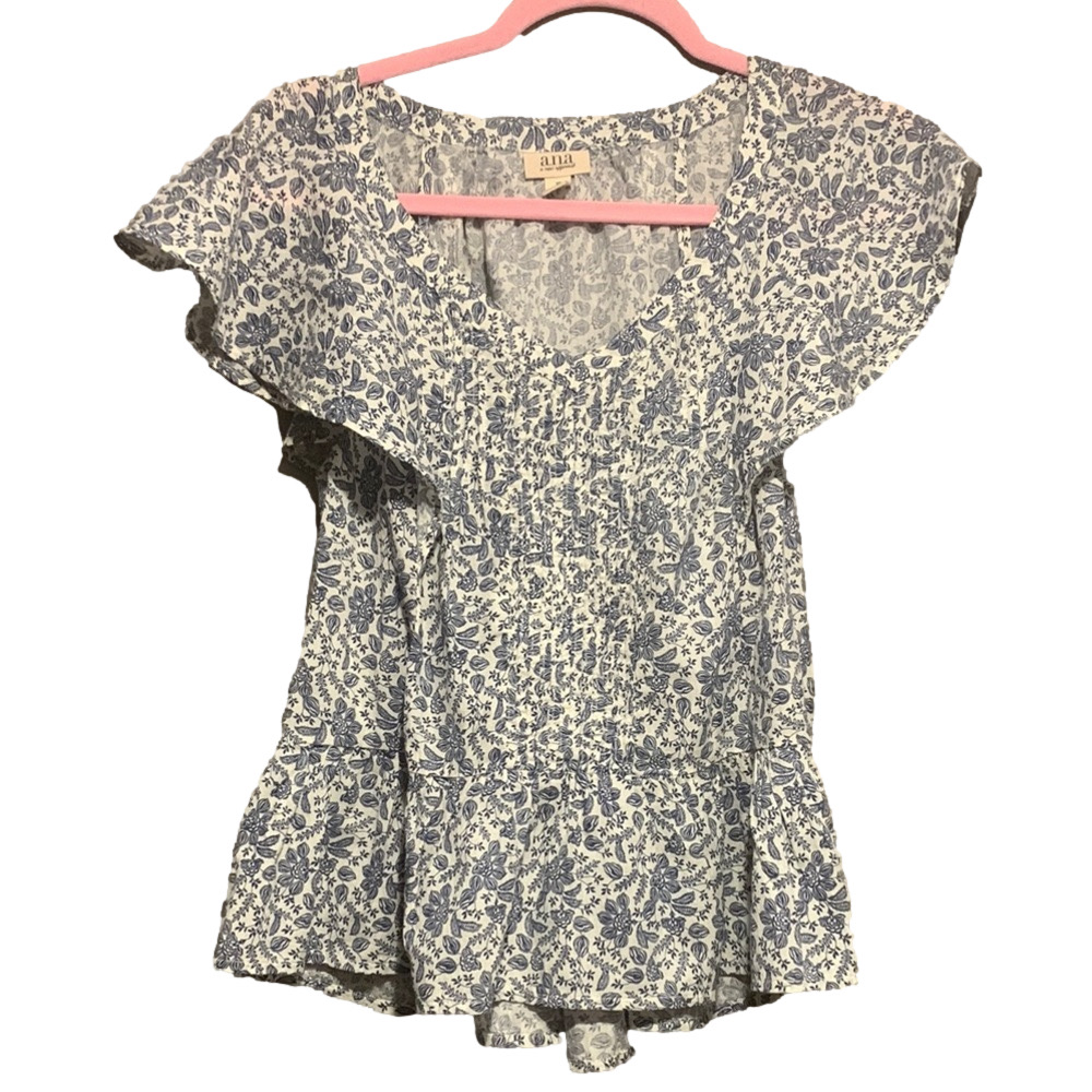ANA NWT Blue Floral Women's Baby Doll Flutter Sleeve Top